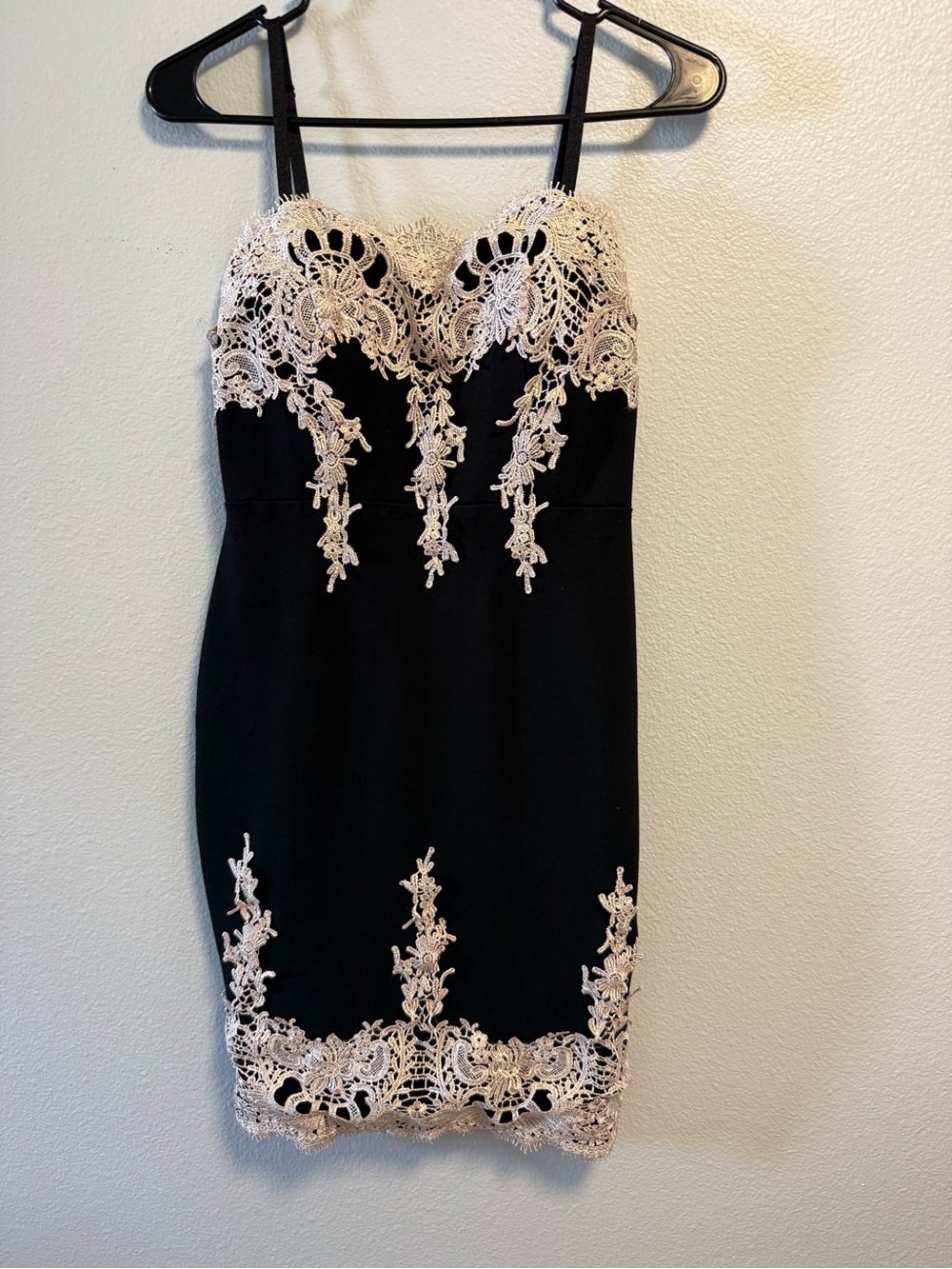 Black Bodycon Dress with Blush Lace Appliqué by Haute Monde